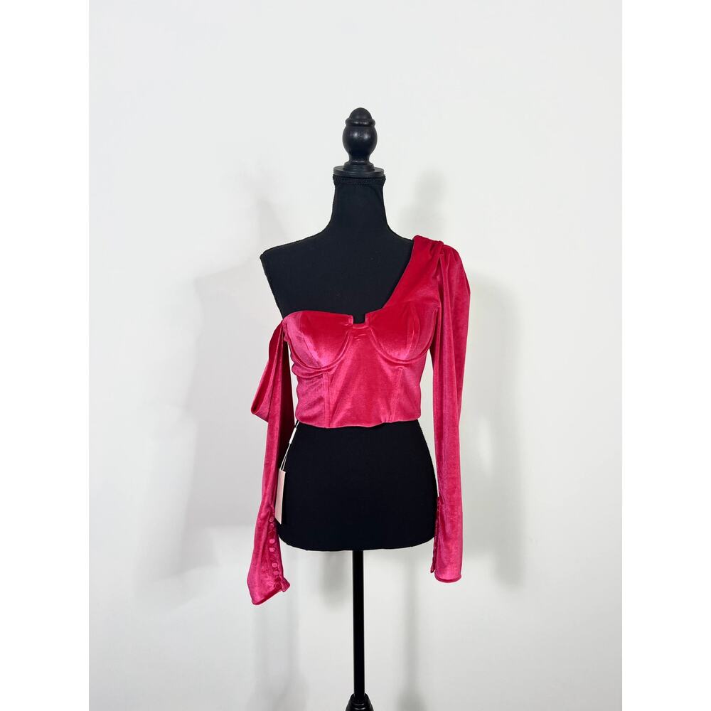 Self Portrait Velvet Crop‎ Top Fuchsia Size 4 One Shoulder Lined Party Cocktail
